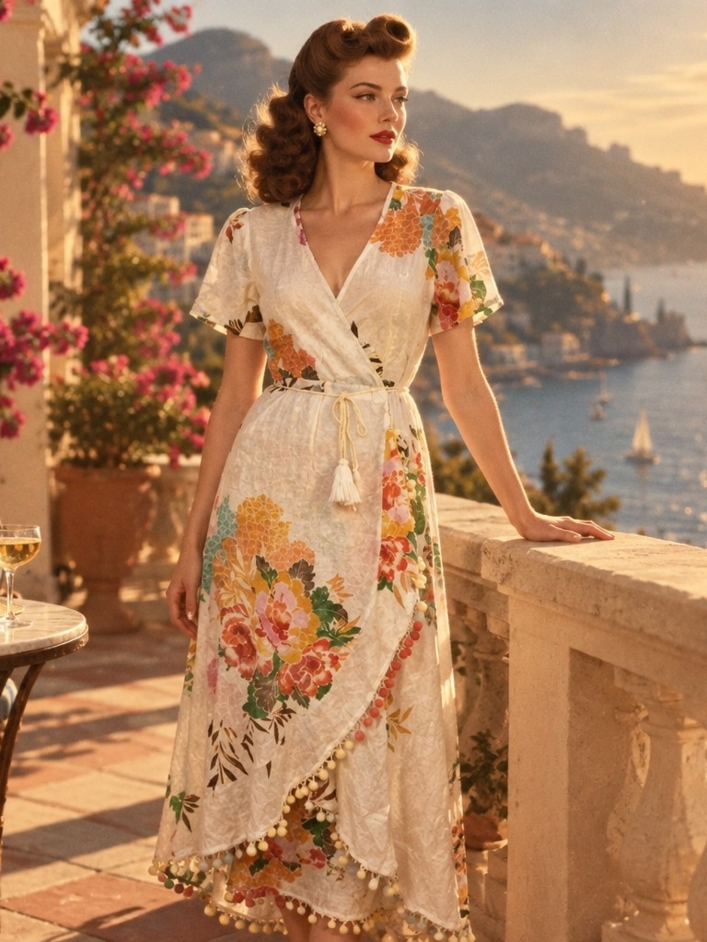 Floral Cream Wrap Swim Coverup with Tassel Belt